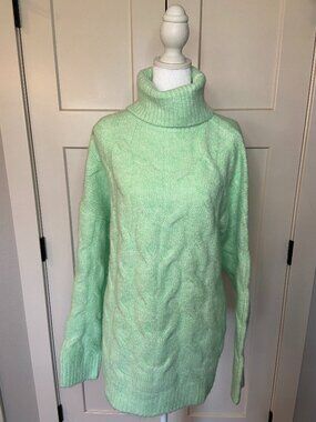 Bershka Mint Green Cable Knit Turtleneck Sweater Size M Cozy Oversized